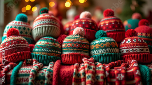 Festive hats and scarves displayed as decor photo