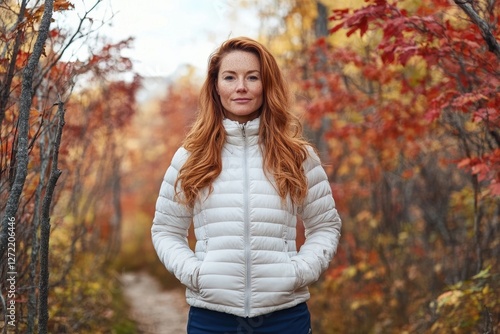 Redhead woman in a white puffer jacket stands in an autumnal forest.
