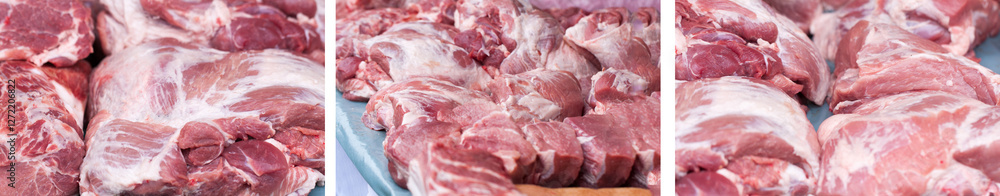 Fresh pieces of pork on the market counter. Selective focus Fresh pieces of pork on the market counter. Selective focus