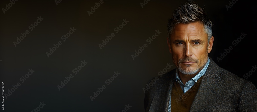 Sophisticated portrait of a middle-aged man studio setting high-resolution photography dramatic lighting close-up focus confidence concept Sophisticated portrait of a middle-aged man studio setting high-resolution photography dramatic lighting close-up focus confidence concept