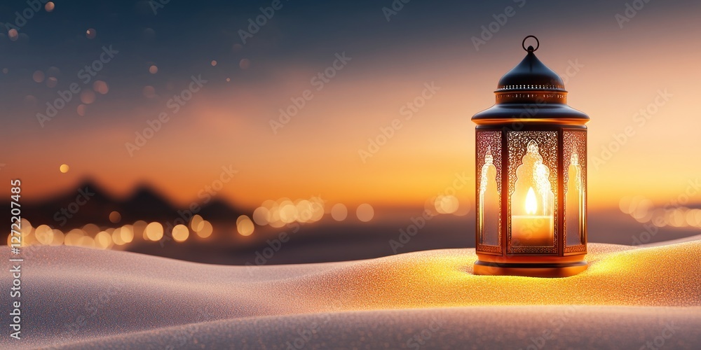 Ornate lantern glows on a sand dune at sunset Ornate lantern glows on a sand dune at sunset