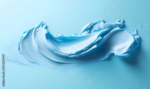 Abstract swirl of light blue paint on a plain blue background creating a fluid wave