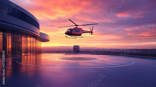 Fototapeta Naklejka Na Ścianę i Meble -  Helicopter landing rooftop helipad sunset city
