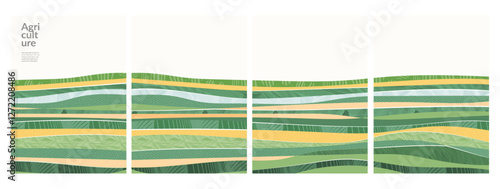 Green rural farm field abstract illustration, organic agro design. Patchwork collage pattern, textured landscape. Contemporary eco-friendly brochure, flyer, A4 poster template, presentation on ecology