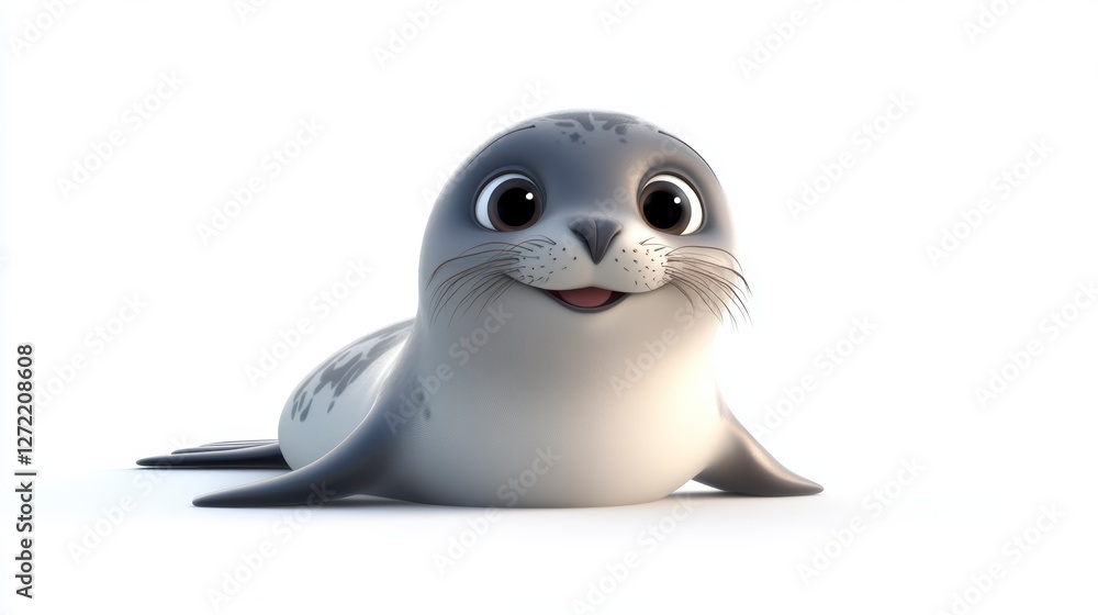 Fototapeta premium Cute cartoon seal, happy expression, studio shot, digital art, possible use for children's books or online education