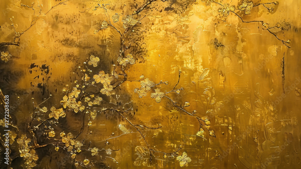 Golden floral artwork with intricate branches and blossoms, creating luxurious and elegant atmosphere. rich gold background enhances beauty of design