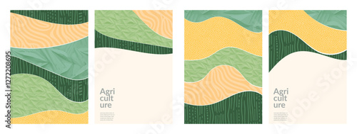 Sustainable agriculture with green geometric pattern and abstract illustration of Korea’s farmland. Organic farming flat vector art design, nature, agro landscape. Eco-friendly poster, invite, layout