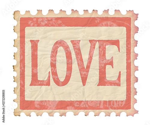 wrinkled postage stamp vintage love beige and red 