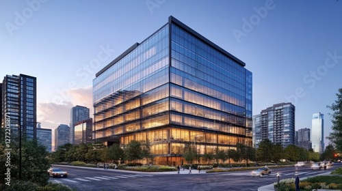 Modern glass office building cityscape dusk