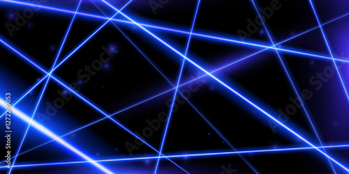 Crossed blue laser light beams on black background, vector neon glowing line rays from explosion, burst energy effect
