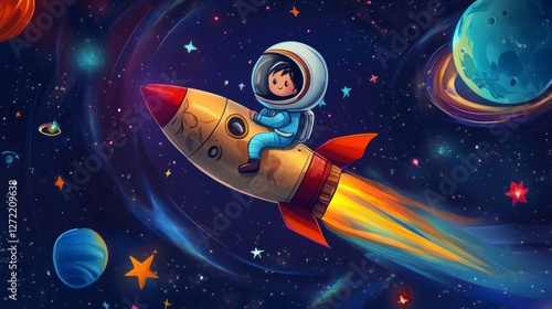 Fototapeta Naklejka Na Ścianę i Meble -  Child astronaut in rocket ship in space