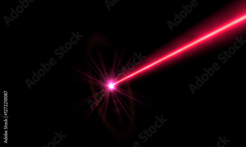 Red laser beam, glowing neon light laser ray from explosion, burst energy effect with halo, vector spotlight on black
