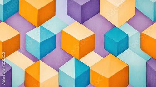 Geometric pattern featuring 3D illusion shapes in vibrant orange, blue, and purple with a retro-futuristic design and optical illusion effects ideal for modern decor
