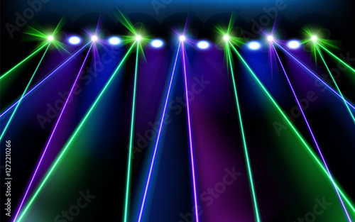 Laser light show, bright led laser beams, illuminated neon blue purple green rays stage, vector led strobe lights disco