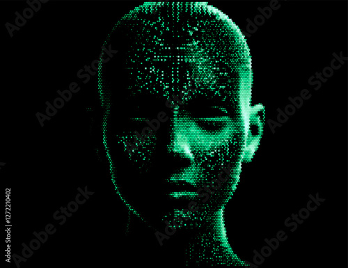 Abstract, pixelated human face on a black background. The scattered dots form a detailed, digital texture, giving the artwork a modern, futuristic feel with a hint of mystery.