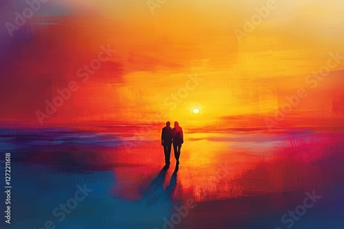 Silhouette of a couple walking hand-in-hand towards a vibrant sunset on a beach.