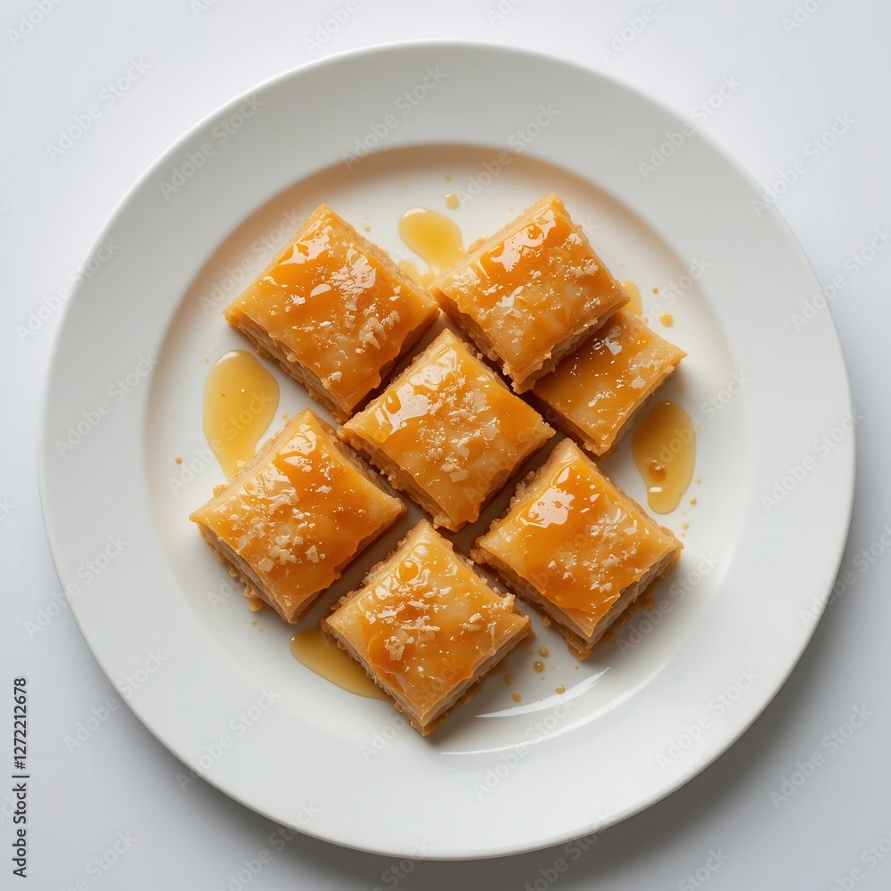 Delicious Golden Baklava Pieces Drizzled with Honey on White Plate Delicious Golden Baklava Pieces Drizzled with Honey on White Plate