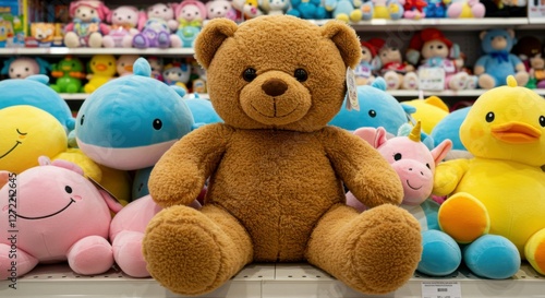 A friendly teddy bear surrounded by an array of colorful plush toys in the toy store aisle, sparking feelings of affection and childhood nostalgia. photo