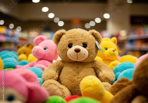 A delightful teddy bear nestled among colorful plush toys in a toy store aisle, evoking heartfelt emotions of nostalgia and joy. photo