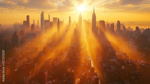 Sunrise over Manhattan skyline, cityscape bathed in golden light. Use Travel brochure