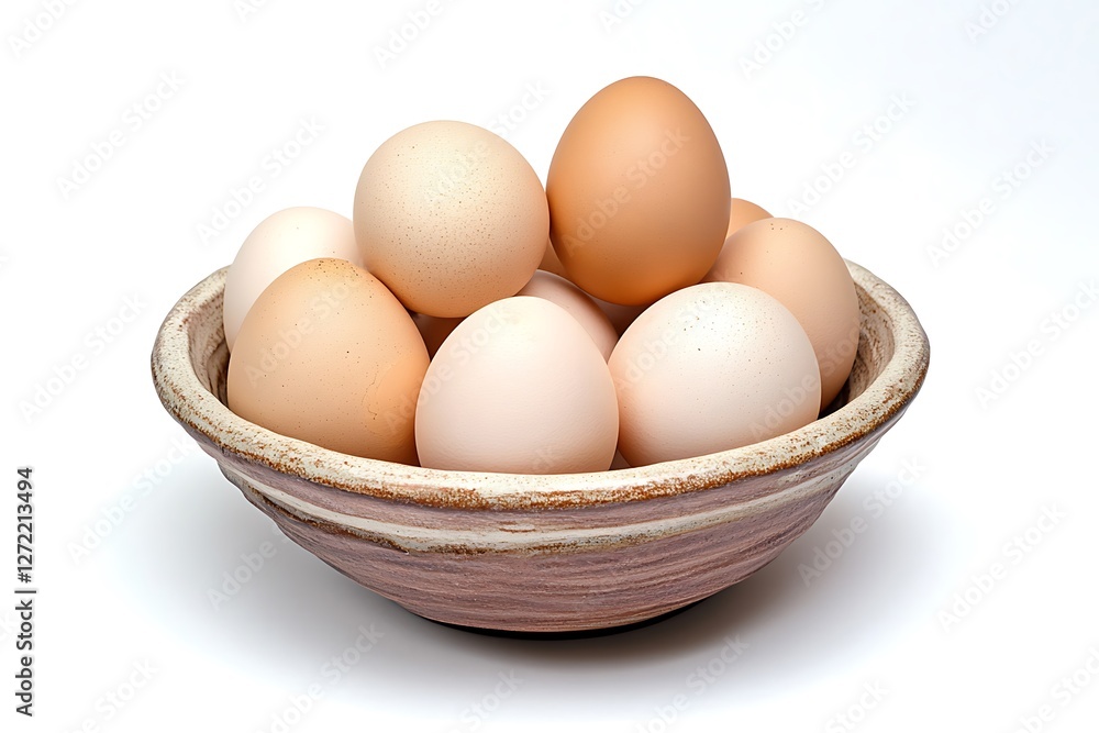 Farm-fresh eggs in a handcrafted pottery bowl, isolated on white background, realistic HD, Farm-fresh eggs in a handcrafted pottery bowl, isolated on white background, realistic HD,