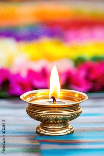Traditional Nilavilakku brass lamp with flickering flames placed centrally in a vibrant Pookalam, creating a warm and spiritual glow during a festive celebration