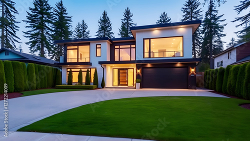 Modern luxury home exterior with large windows, spacious driveway, and beautiful landscaping, showcasing high-end real estate and contemporary architecture photo