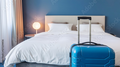 Cozy hotel room with a neatly made bed and luggage, symbolizing relaxation, comfort, and the excitement of travel, perfect for vacation or business stays photo