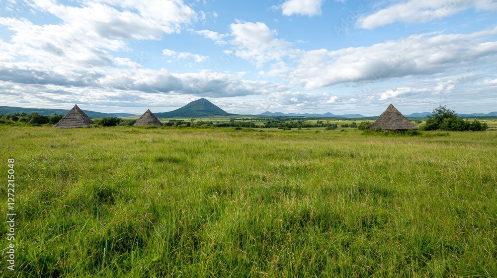 Grassy field with thatched huts and mountains in background. Scenic countryside view. Possible use in travel or nature publications Grassy field with thatched huts and mountains in background. Scenic countryside view. Possible use in travel or nature publications