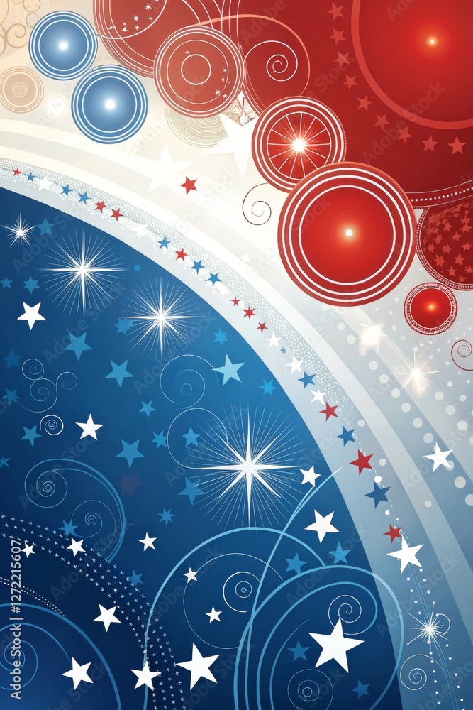 Fototapeta premium Abstract Patriotic Background With USA Flag, Stars, And Circular Patterns In Red, White, And Blue. Suitable For Fourth Of July, Independence Day, And American Holidays. Ideal For Marketing 