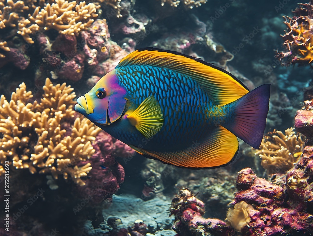A magnificent tropical fish swimming through a coral reef A magnificent tropical fish swimming through a coral reef