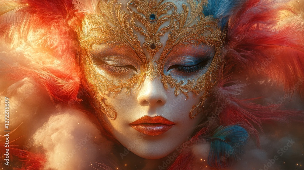 Venetian Mask Woman in Artistic Feathered Clouds Venetian Mask Woman in Artistic Feathered Clouds