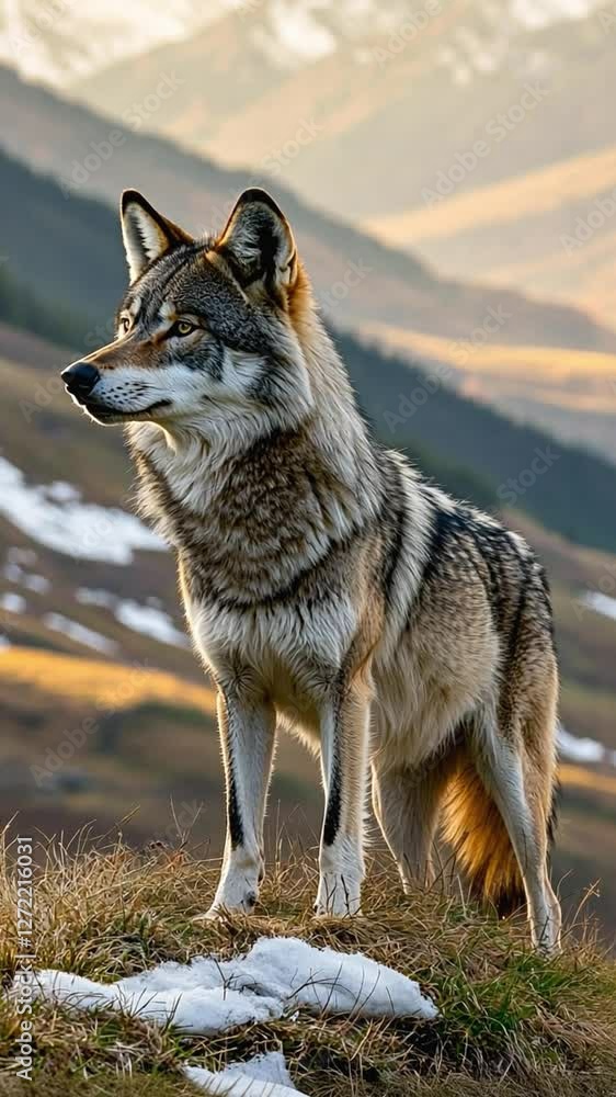 Majestic wolf standing in mountain landscape Majestic wolf standing in mountain landscape