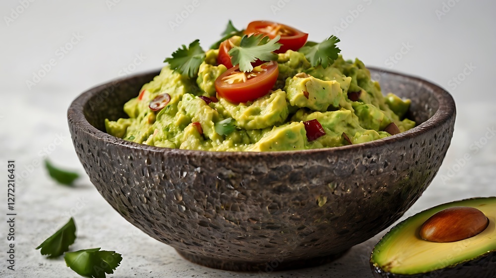 Closeup of a bowl filled with guacamole topped with cherry tomatoes and cilantro Closeup of a bowl filled with guacamole topped with cherry tomatoes and cilantro