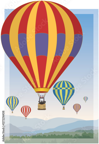 gathering of hot air balloons floating above scenic landscape with a clear blue sky at dawn