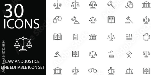 "30 Editable Line Icons for Law and Justice Scales Gavels Courthouses Handcuffs Legal Books and Documents for Judicial Themes"