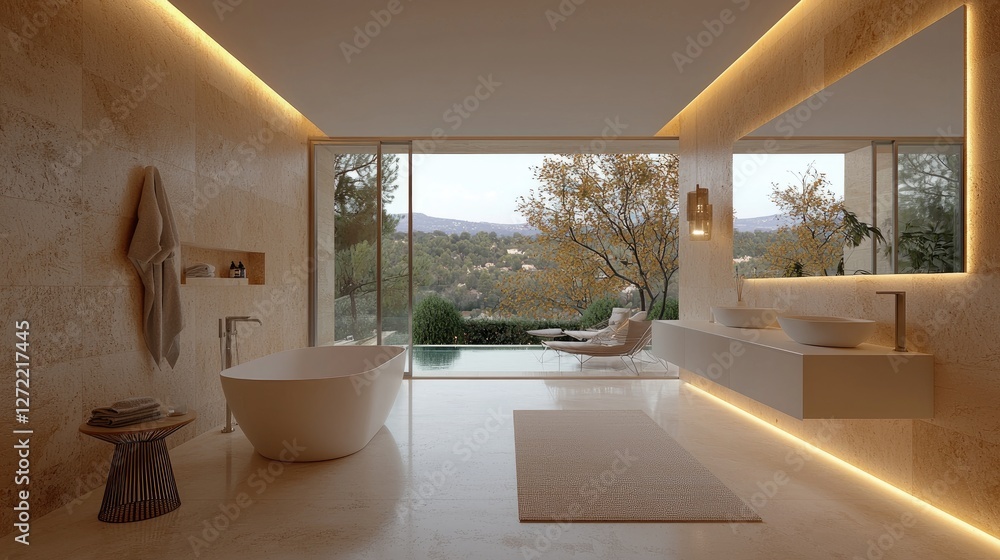 Fototapeta premium Modern freestanding bathtub in a luxurious travertine bathroom with warm cove lighting opening to an outdoor pool.