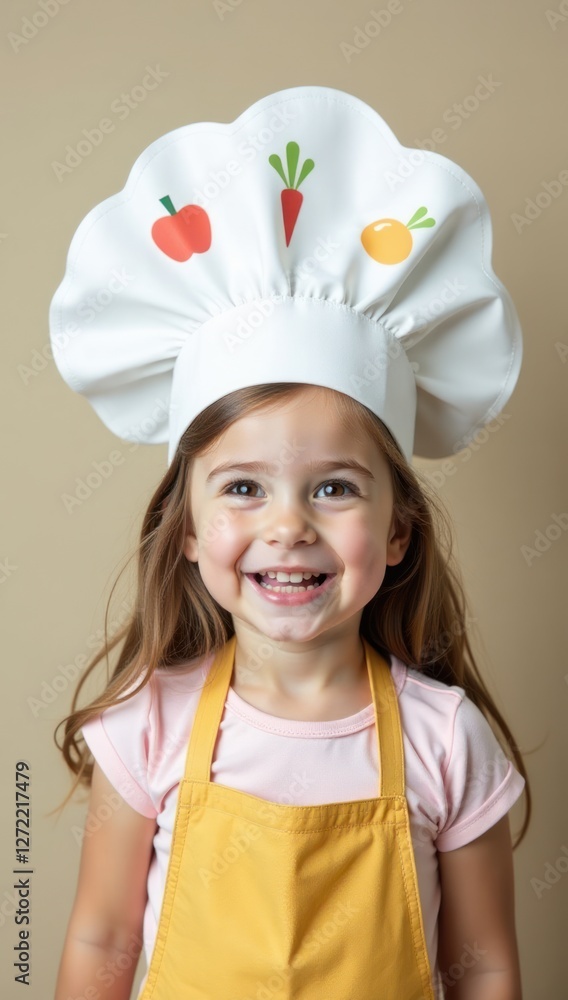 Smiling Little Girl in Chef Hat with Vegetable Decorations. Perfect for children's cooking books, healthy eating campaigns, advertising for kid-friendly food Smiling Little Girl in Chef Hat with Vegetable Decorations. Perfect for children's cooking books, healthy eating campaigns, advertising for kid-friendly food
