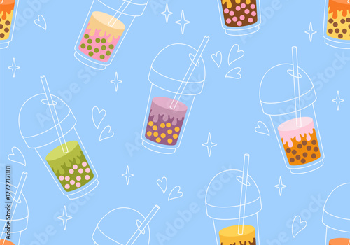 Seamless pattern with bubble tea, boba in glasses, Asian pearl milk drink, Tapioca cocktails. Tapioсa milk bubble tea drink. Yummy drinks, soft drinks. Milkshake, asian smoothie and mocha in glasses