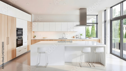 Modern kitchen with minimalistic design featuring white countertops, spacious layout, natural light, and sleek cabinets in a contemporary home setting. photo