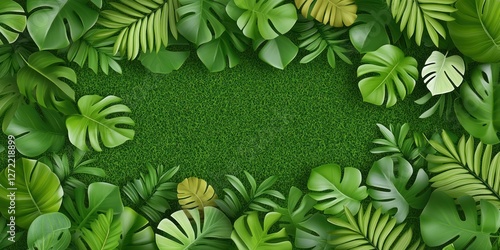 Lush Green Tropical Foliage Bordering Grass Background