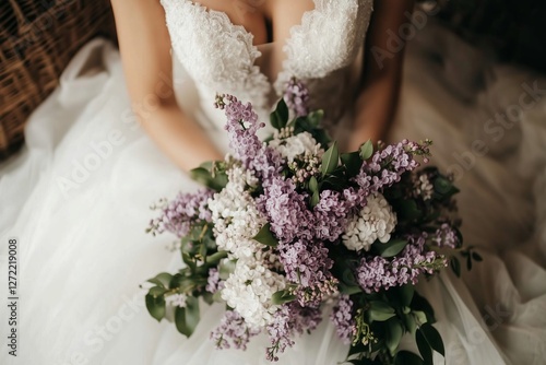 bride in a beautiful classic gown with lilac branches as bridal bouquette photo