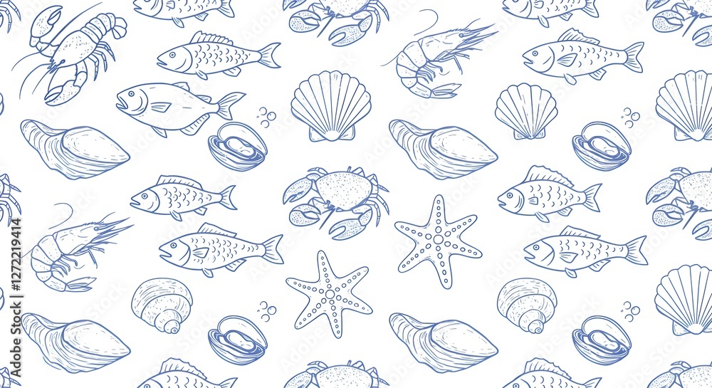 A pattern featuring various marine life illustrations, including fish, shells, and crustaceans, in soft blue tones on a white background. A pattern featuring various marine life illustrations, including fish, shells, and crustaceans, in soft blue tones on a white background.