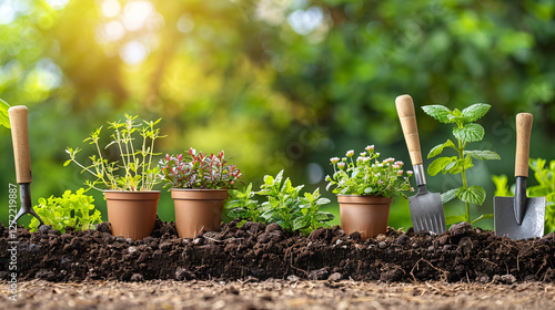 Gardening Tools and Fresh Green Herbs in Spring Garden