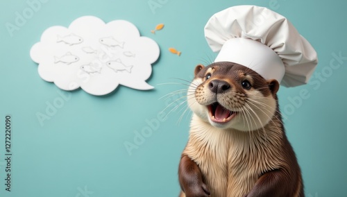 Otter Chef Dreaming Fish Thought Bubble. Perfect for humorous food menus, seafood restaurant promotions, animal themed projects