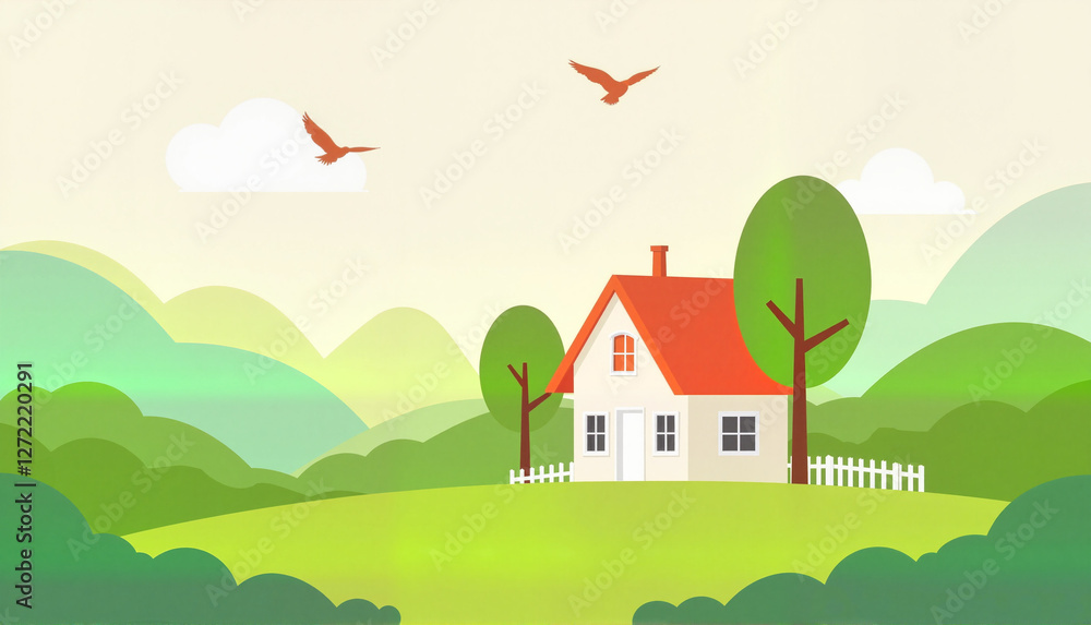 Naklejka premium House with red roof surrounded by green hills and blue sky