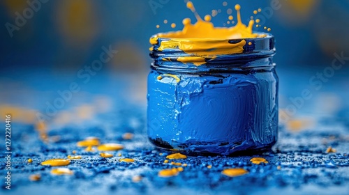 Yellow Paint Splashing Blue Jar, Studio photo