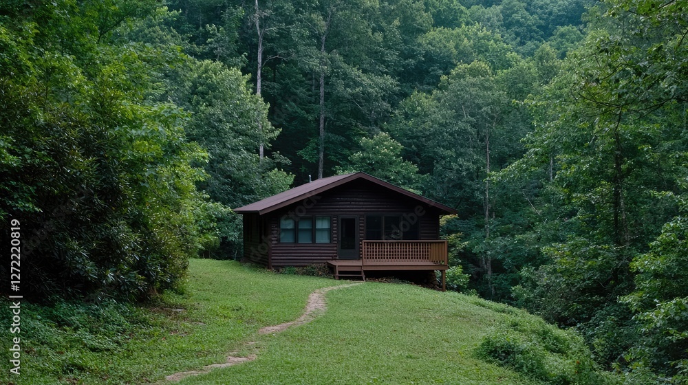 Wooden cabin nestled in a lush forest Wooden cabin nestled in a lush forest