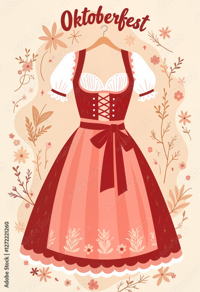 Elegant dirndl dress in deep red, adorned with lace and flowers, Oktoberfest Elegant dirndl dress in deep red, adorned with lace and flowers, Oktoberfest