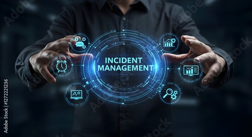 A person interacts with digital icons representing various aspects of incident management in a high-tech environment.